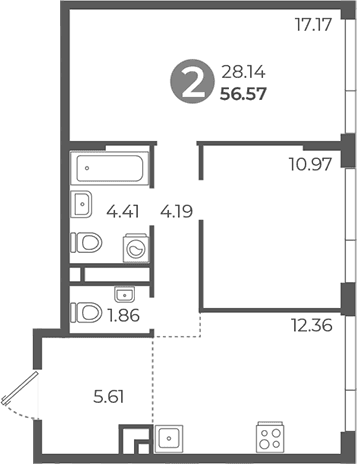 Планировка: 2-комнатная квартира 56,6 м² в ЖК «Нижегородская от Гранель»