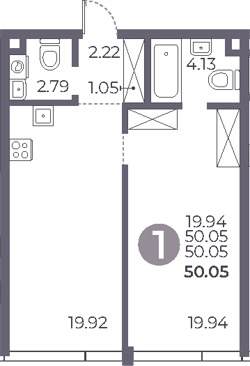 Планировка: 1-комнатная квартира 50,1 м² в ЖК «Мневники от Гранель»