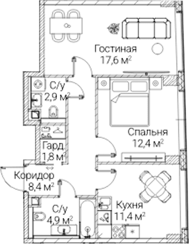 Планировка: 2-комнатная квартира 59,4 м² в ЖК «СЕЗАР БУДУЩЕЕ»