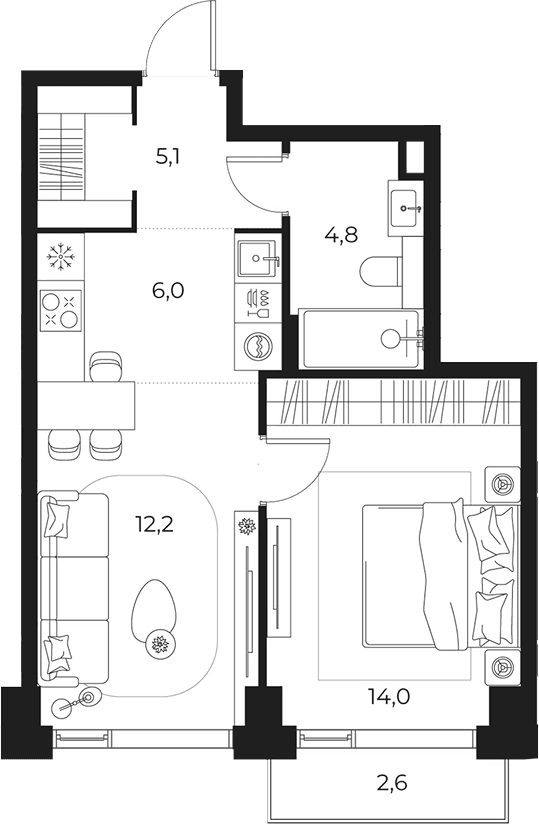 Планировка: Евродвушка 42,1 м² в ЖК «МАСТЕРС»
