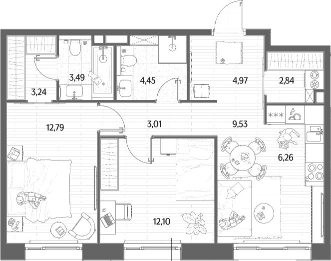 Планировка: Евротрёшка 62,7 м² в ЖК «МЫС»