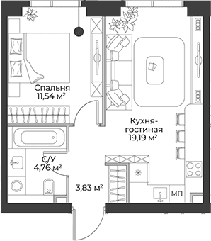 Планировка: Евродвушка 39,3 м² в ЖК «Гранд Фили»