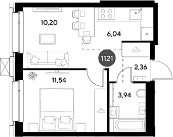 Планировка: Евродвушка 34,1 м² в ЖК «ЭВО»