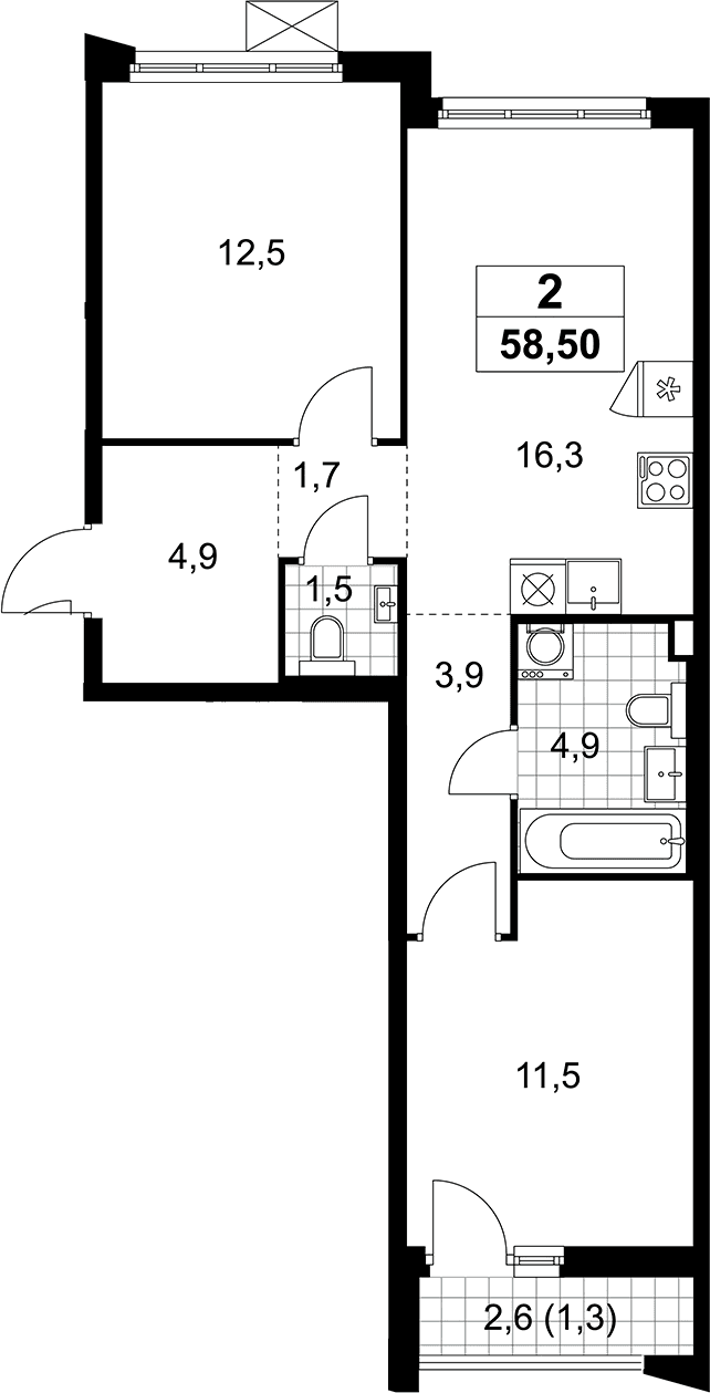 Планировка: Евротрёшка 57,2 м² в ЖК «Деснаречье»