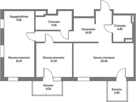 Планировка: Евротрёшка 78,2 м² в ЖК «Рощино Резиденс»