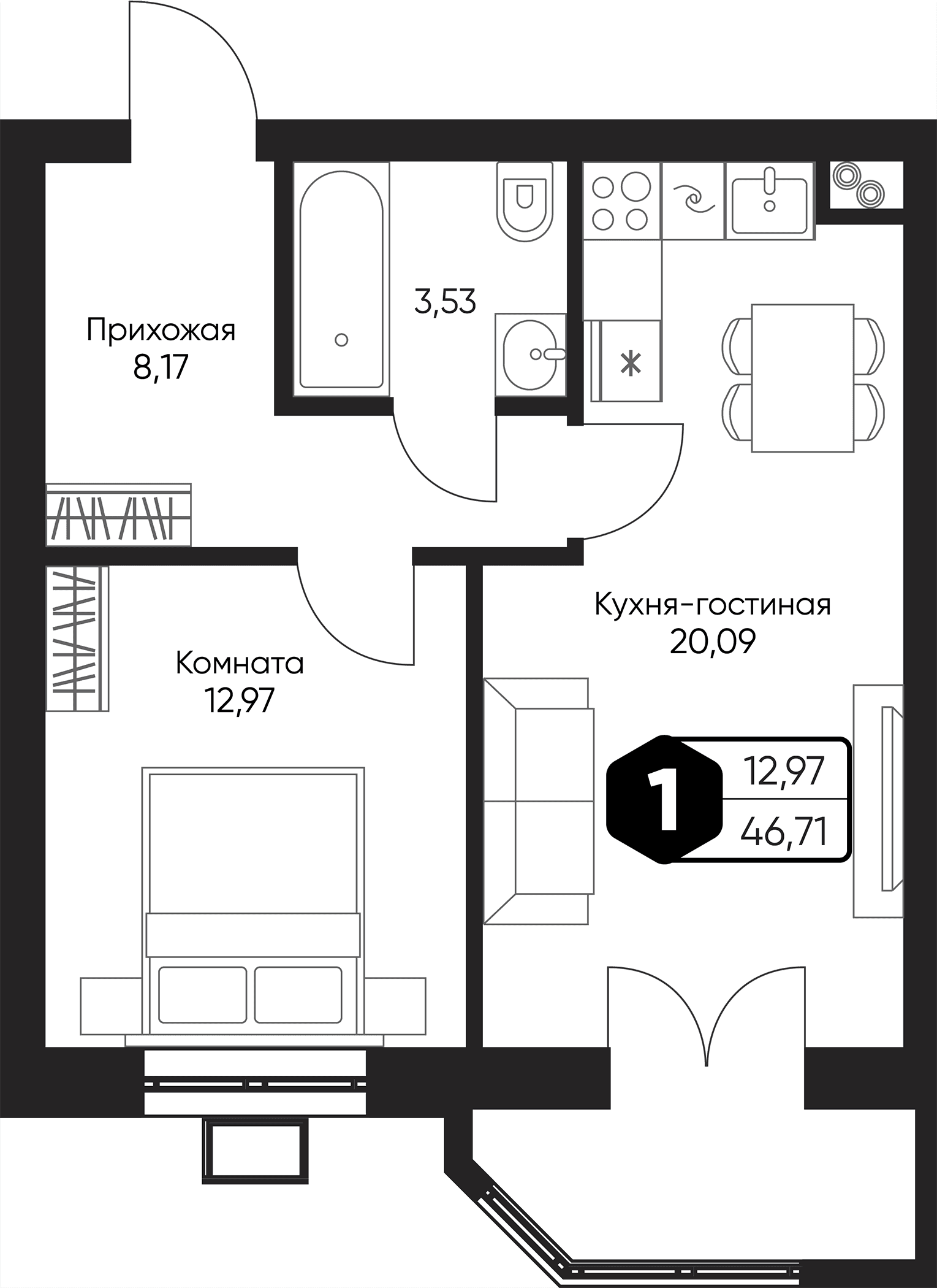 Планировка: Евродвушка 44,8 м² в ЖК «Мечта квартал Дружба»