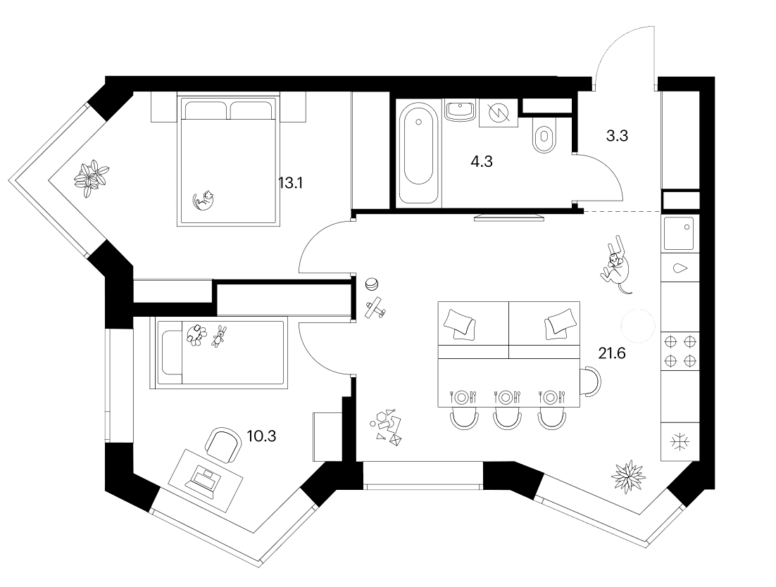 Планировка: 2-комнатная квартира 52,6 м² в ЖК «Мичуринский парк»