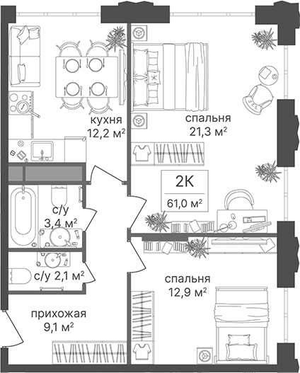 Планировка: 2-комнатная квартира 61 м² в ЖК «Гостиничный комплекс Варшавские ворота»