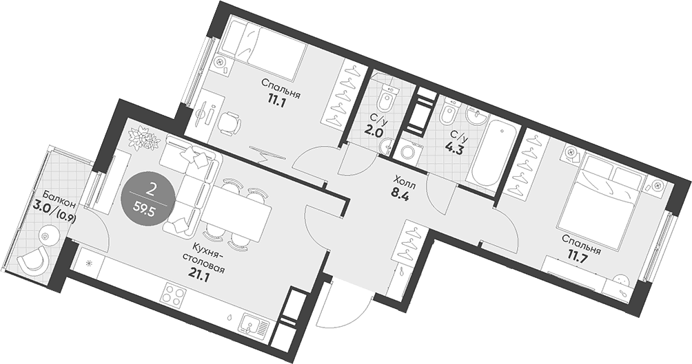 Планировка: Евротрёшка 58,6 м² в ЖК «Клюква.Парк»