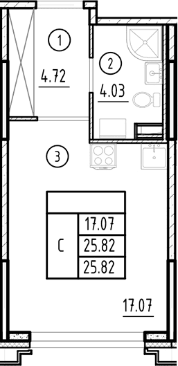 Планировка: Студия 25,8 м² в ЖК «Ассамблея»