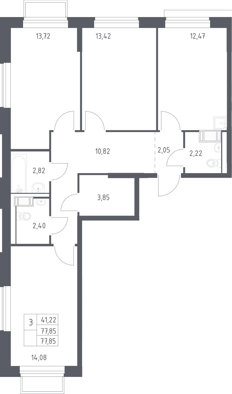 Планировка: 3-комнатная квартира 77,8 м² в ЖК «Томилино Парк»