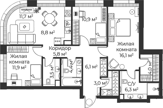 Планировка: Квартира евро-4 92,4 м² в ЖК «Веер»