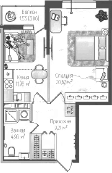 Планировка: 1-комнатная квартира 46,5 м² в ЖК «Рига Хиллс»