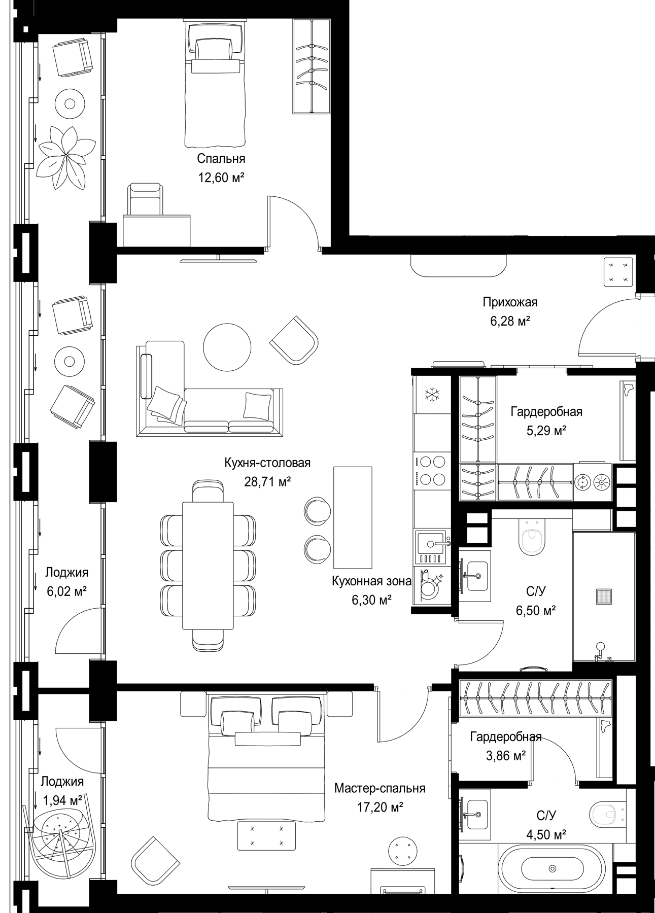 Планировка: 2-комнатная квартира 91,2 м² в ЖК «МЫС»