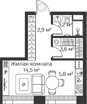 Планировка: Студия 29,9 м² в ЖК «Веер»