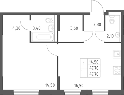 Планировка: Евродвушка 47,7 м² в ЖК «Химки Парк»