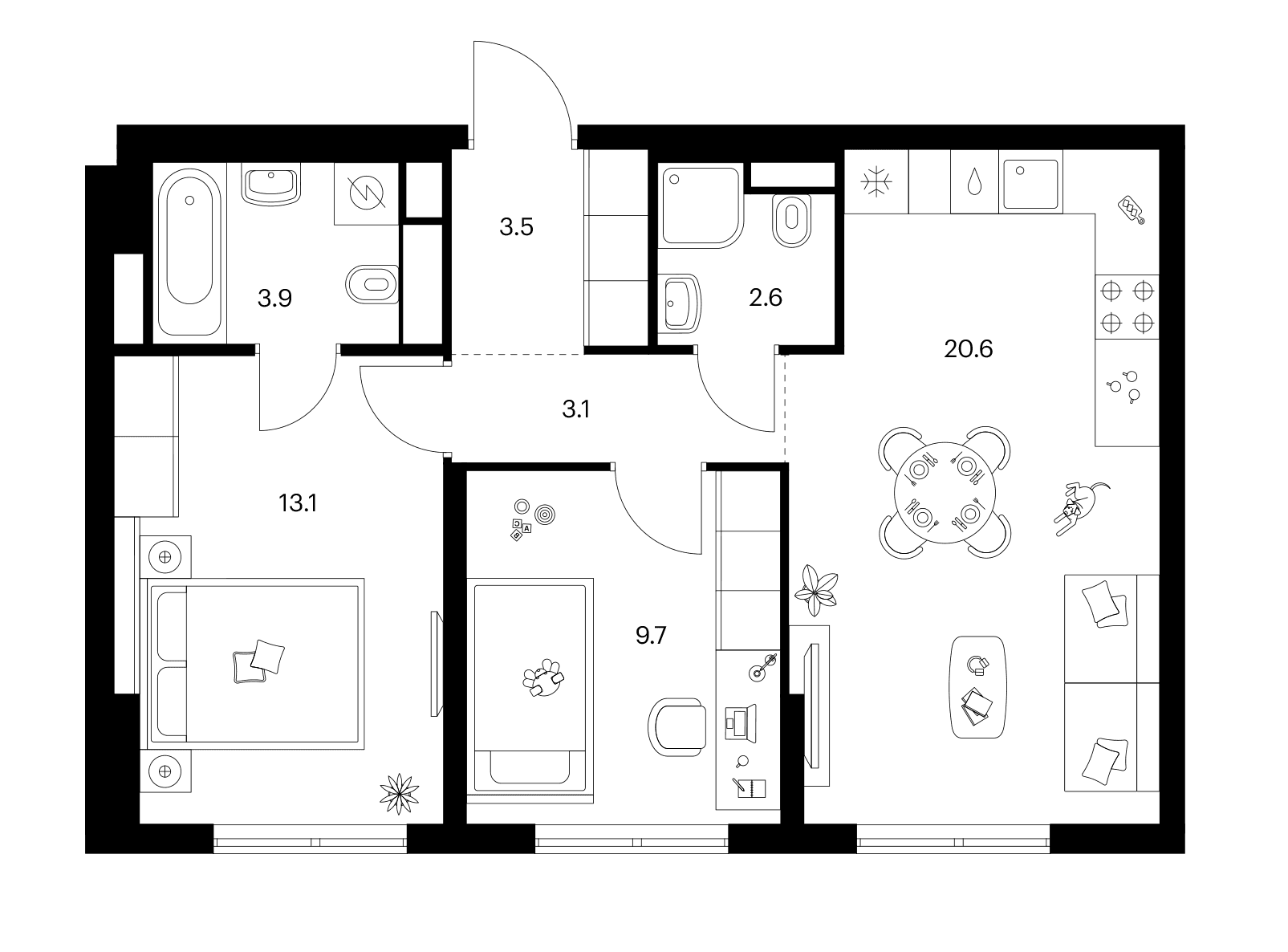 Планировка: 2-комнатная квартира 56,5 м² в ЖК «Ярославский»