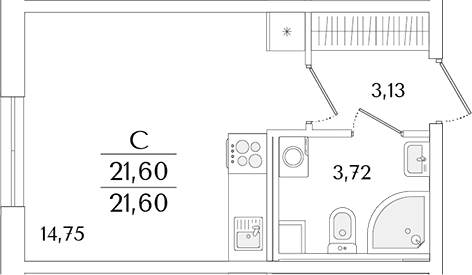 Планировка: Студия 21,6 м² в ЖК «Кинопарк»