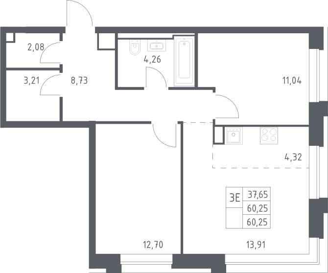 Планировка: Евротрёшка 60,3 м² в ЖК «Верейская 41»