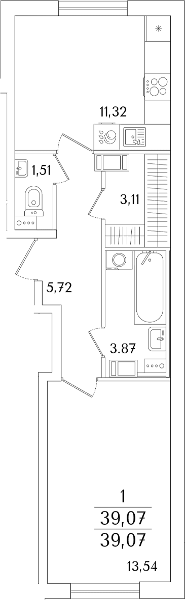 Планировка: 1-комнатная квартира 39,1 м² в ЖК «Кинопарк»