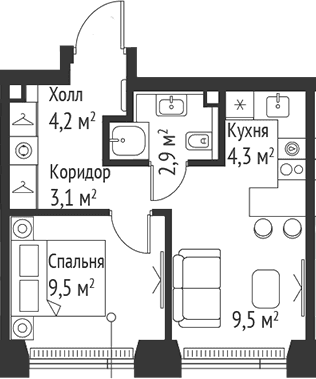 Планировка: Евродвушка 33,5 м² в ЖК «СЕТ»