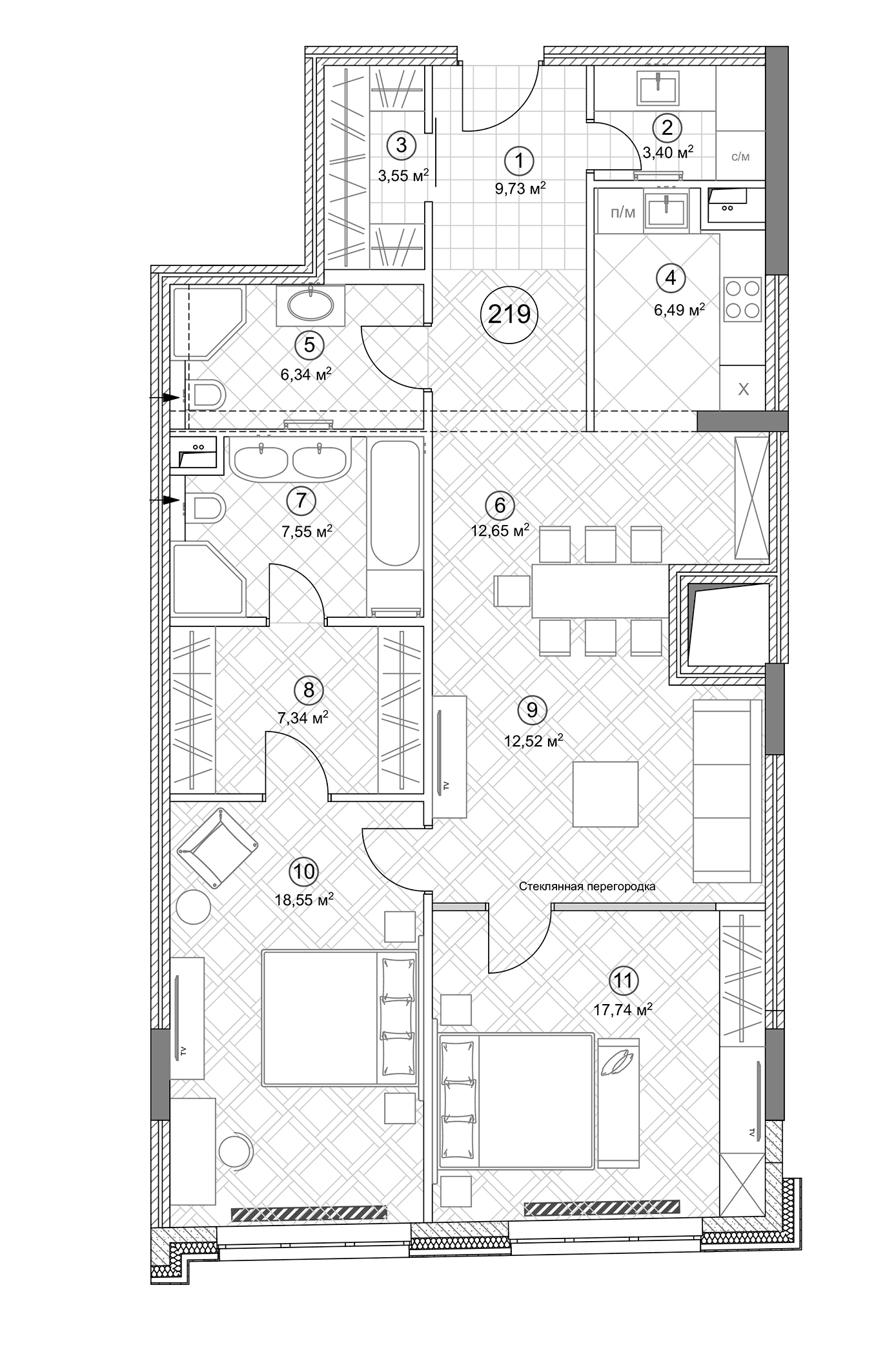 Планировка: Евротрёшка 108,8 м² в ЖК «Клубный дом Sole Hills»