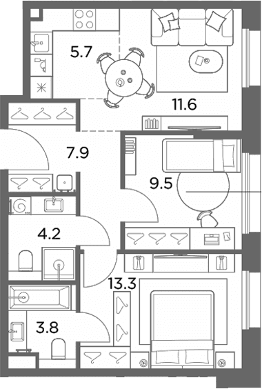 Планировка: Евротрёшка 56 м² в ЖК «Станиславский»