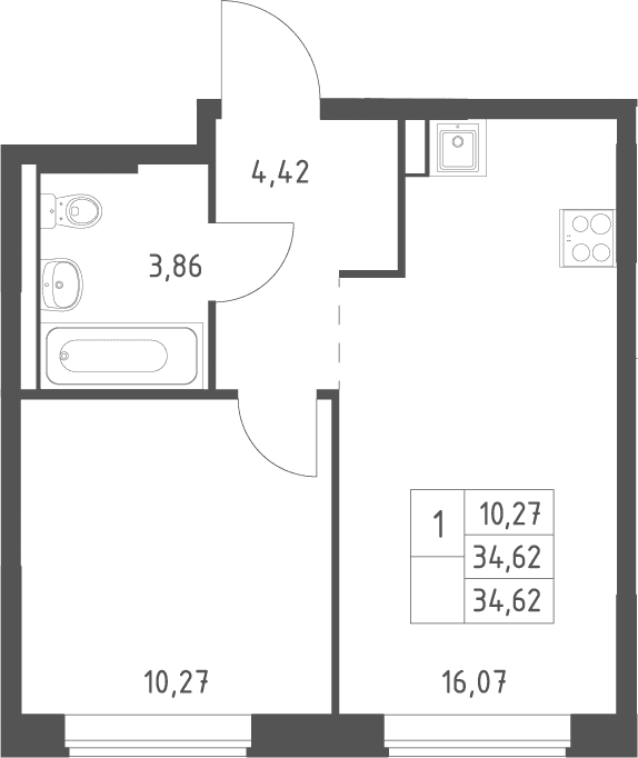 Планировка: Евродвушка 34,6 м² в ЖК «Большое Юрлово»