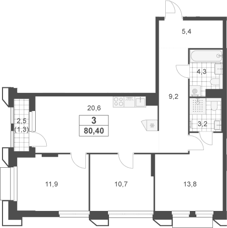 Планировка: Квартира евро-4 79,1 м² в ЖК «Южные сады»