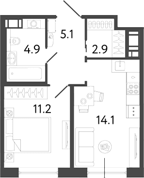 Планировка: 1-комнатная квартира 38,2 м² в ЖК «Передвижники 2»