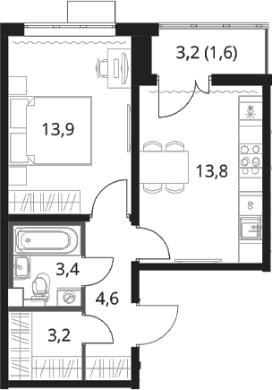 Планировка: 1-комнатная квартира 38,9 м² в ЖК «1-й Шереметьевский»