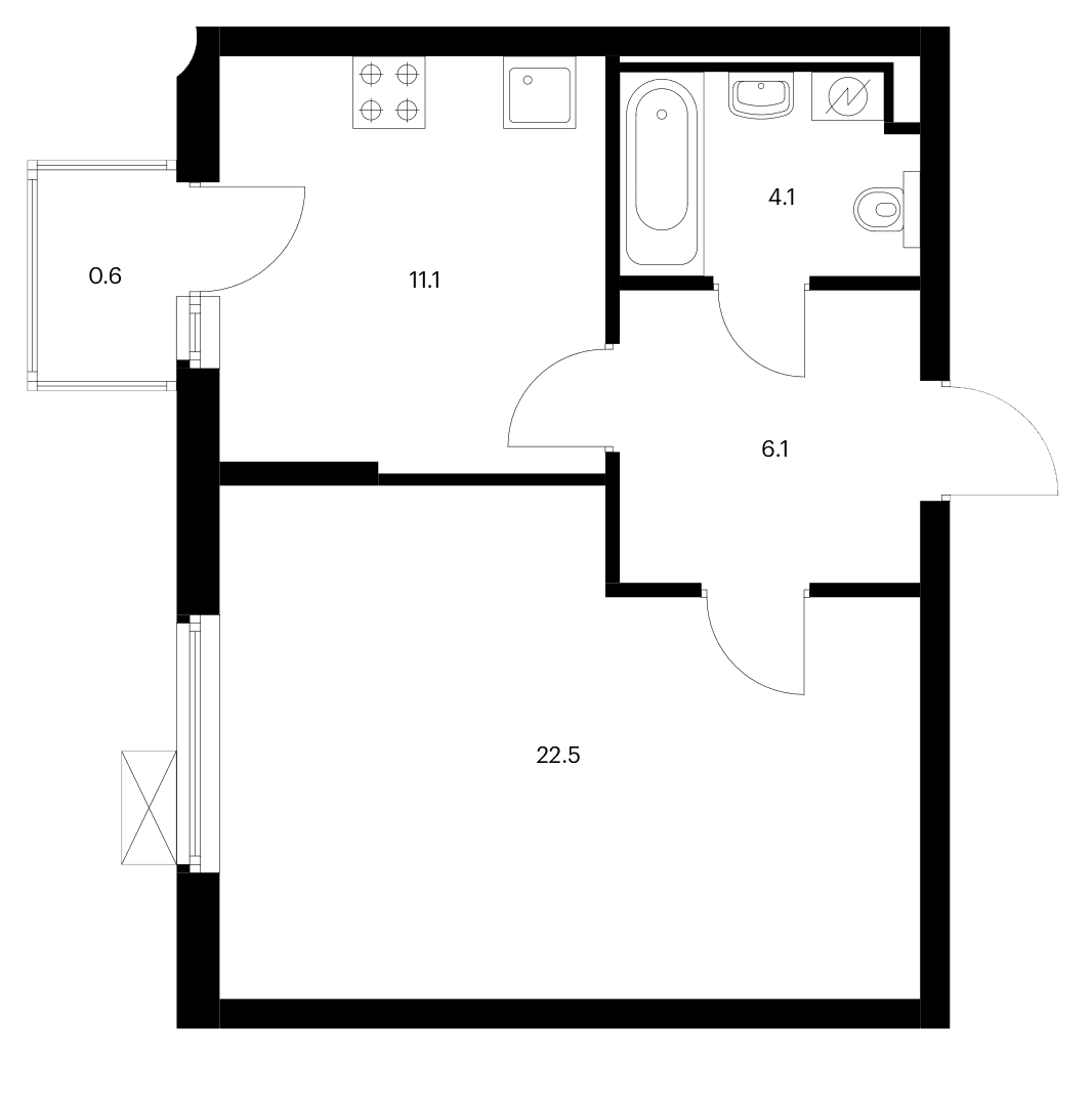 Планировка: 1-комнатная квартира 43,8 м² в ЖК «Белая Дача парк»