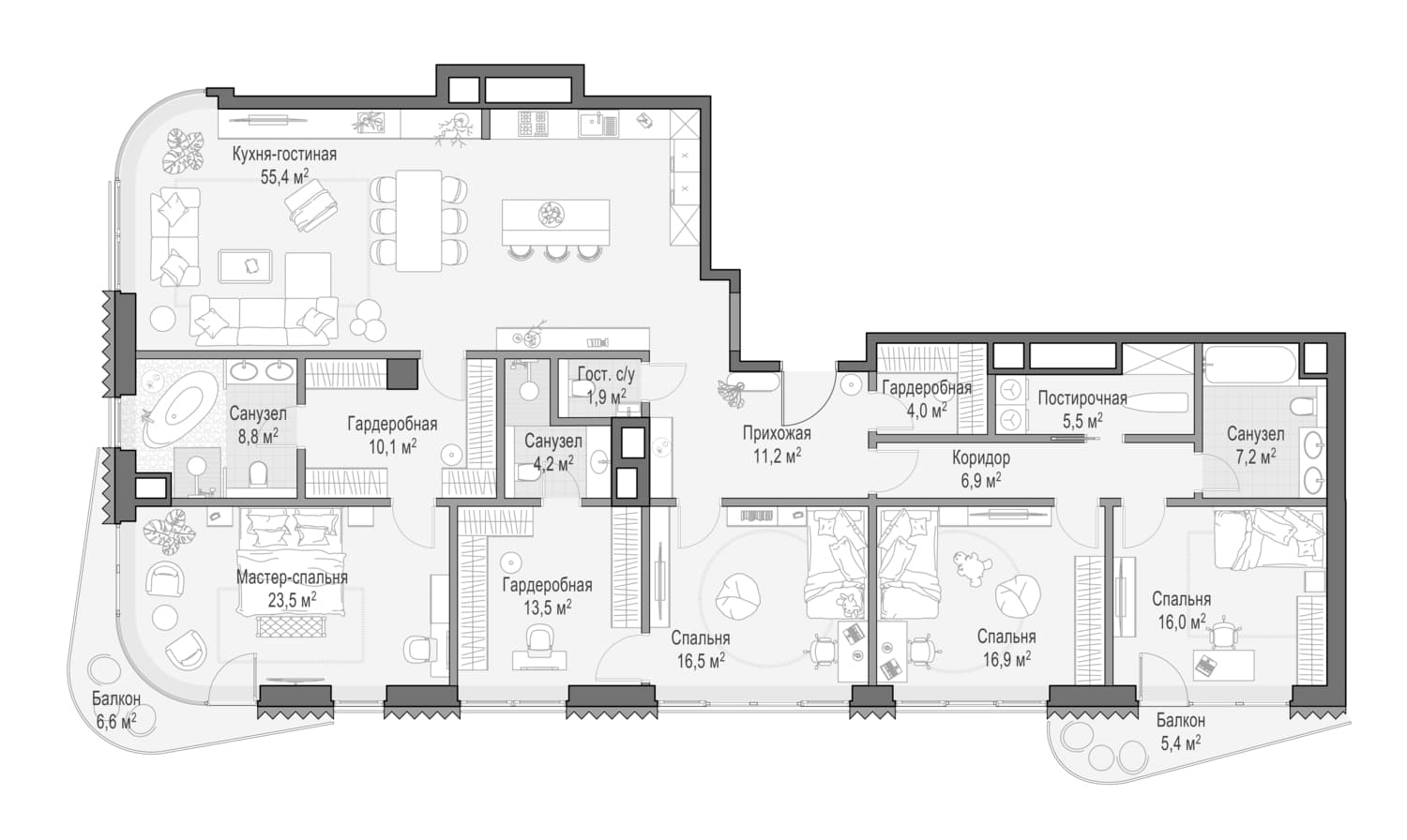 Планировка: Квартира евро-5 200,4 м² в ЖК «Дом Лаврушинский»