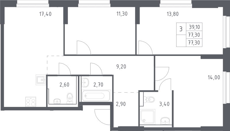 Планировка: Квартира евро-4 77,3 м² в ЖК «Химки Парк»
