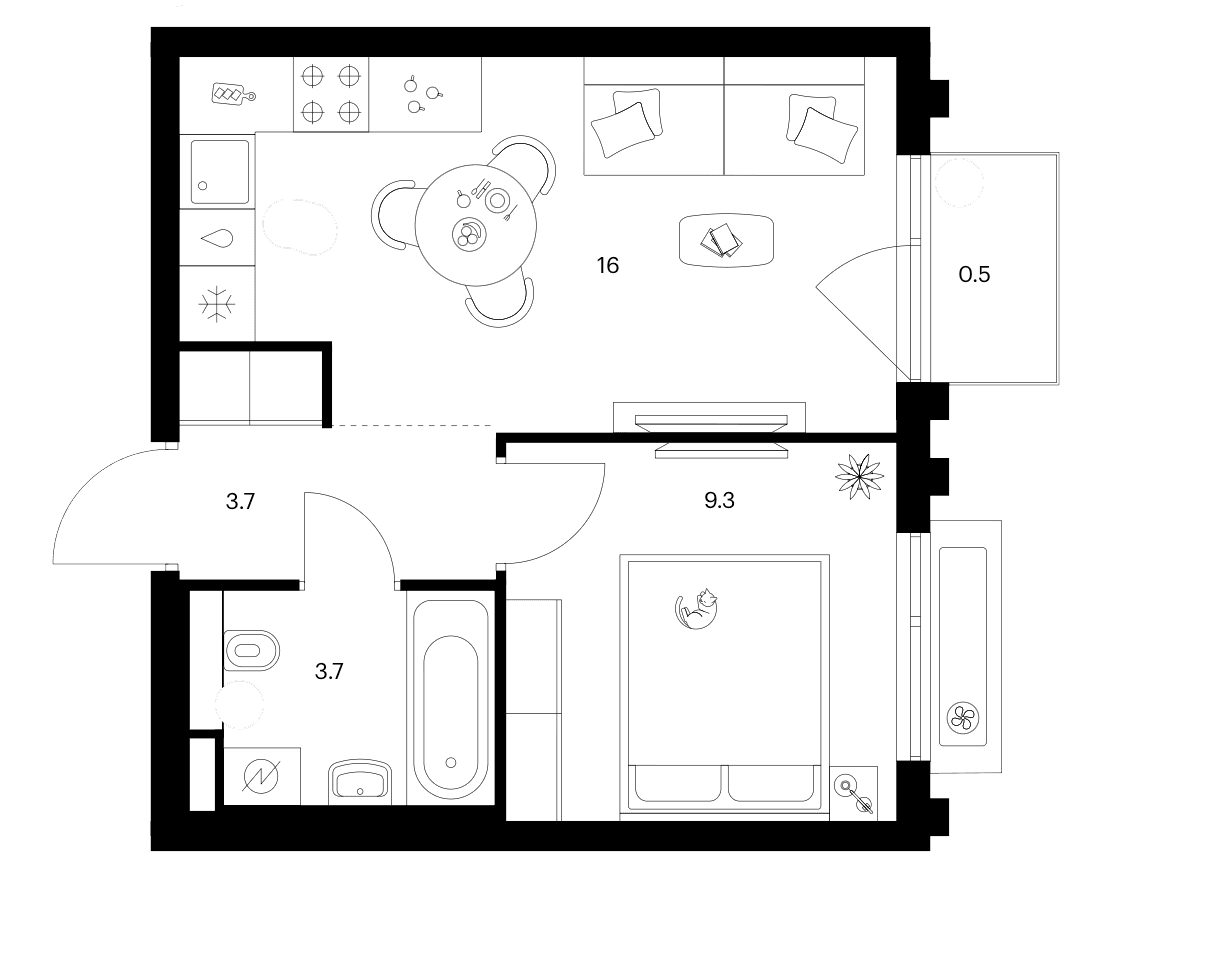 Планировка: 1-комнатная квартира 32,7 м² в ЖК «Белая Дача парк»