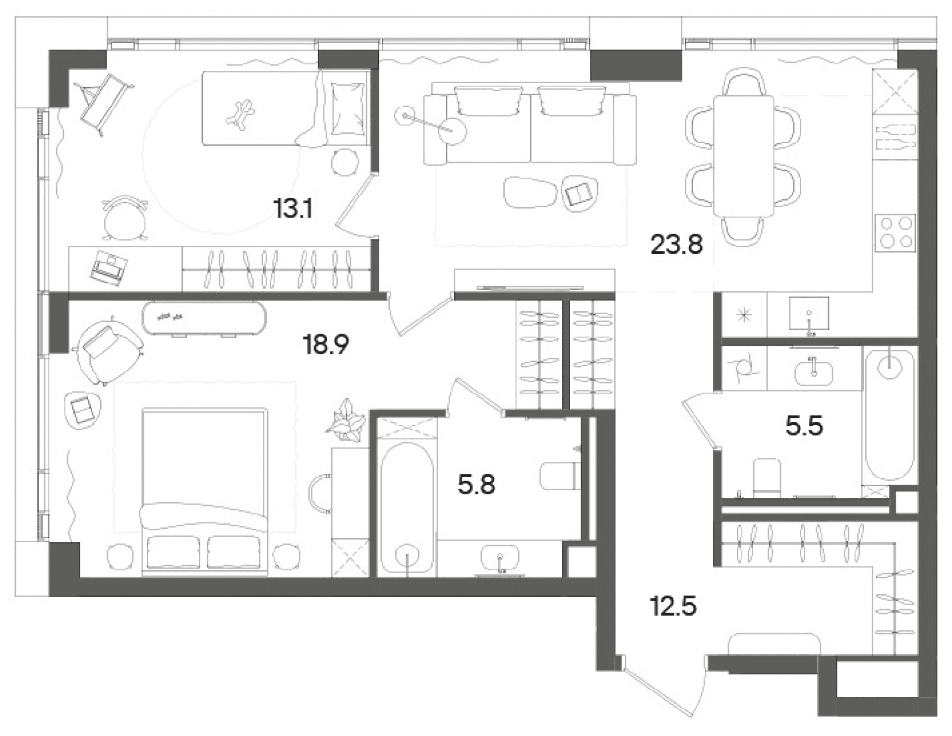 Планировка: Евротрёшка 80,1 м² в ЖК «СТОУН Грэйн»