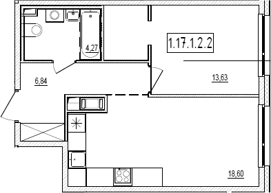 Планировка: Евродвушка 43,3 м² в ЖК «Новый Ямбург»