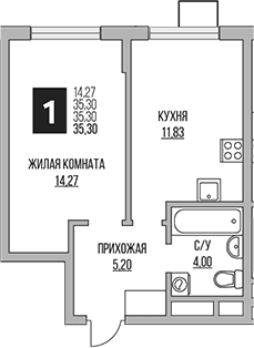 Планировка: 1-комнатная квартира 35,3 м² в ЖК «Гранель Мытищи»