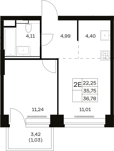 Планировка: Евродвушка 35,8 м² в ЖК «НОВА»