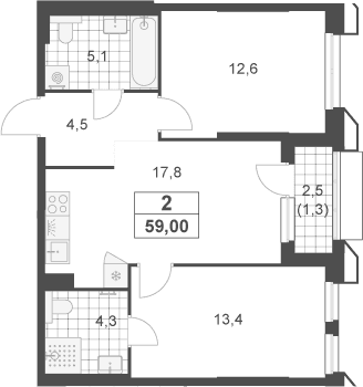 Планировка: Евротрёшка 57,7 м² в ЖК «Южные сады»