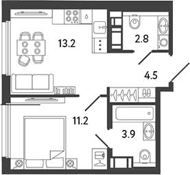 Планировка: 1-комнатная квартира 35,6 м² в ЖК «Гений»