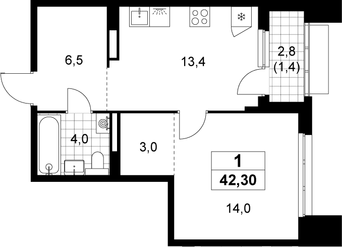 Планировка: 1-комнатная квартира 40,9 м² в ЖК «Деснаречье»