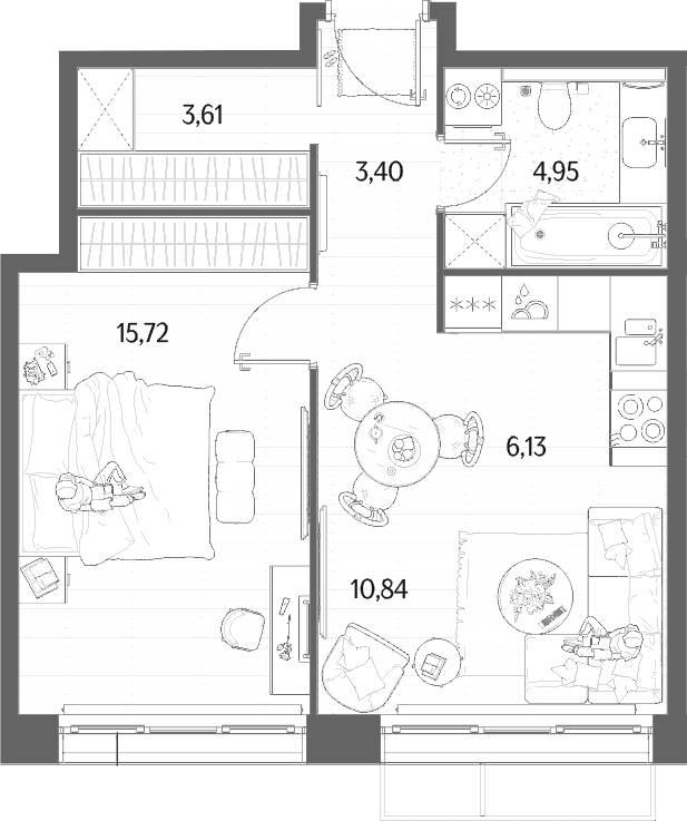Планировка: Евродвушка 44,7 м² в ЖК «МЫС»