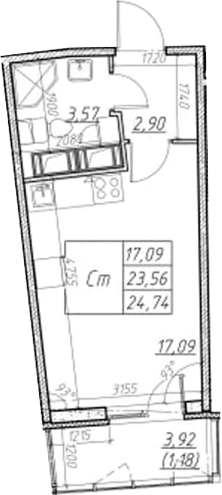 Планировка: Студия 23,6 м² в ЖК «Левитан»