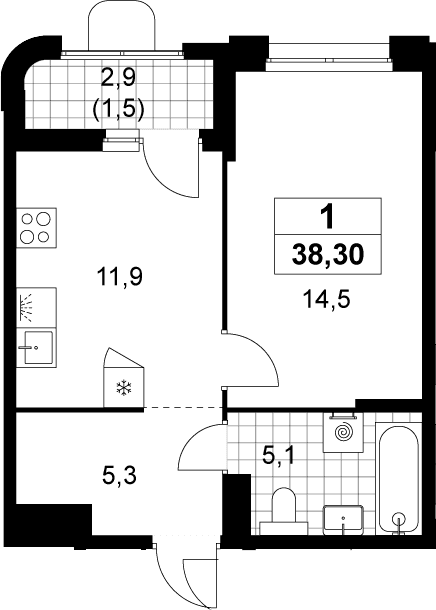 Планировка: 1-комнатная квартира 36,8 м² в ЖК «Прокшино»