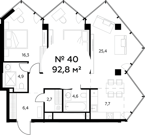 Планировка: Евротрёшка 92,8 м² в ЖК «Монблан»