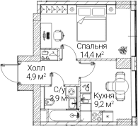 Планировка: 1-комнатная квартира 32,3 м² в ЖК «СЕЗАР БУДУЩЕЕ»