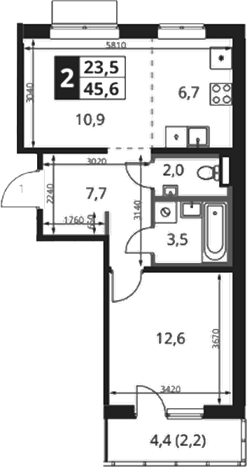Планировка: Евродвушка 44,1 м² в ЖК «1-й Ясеневский»