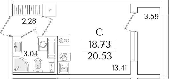 Планировка: Студия 18,7 м² в ЖК «Аурум»