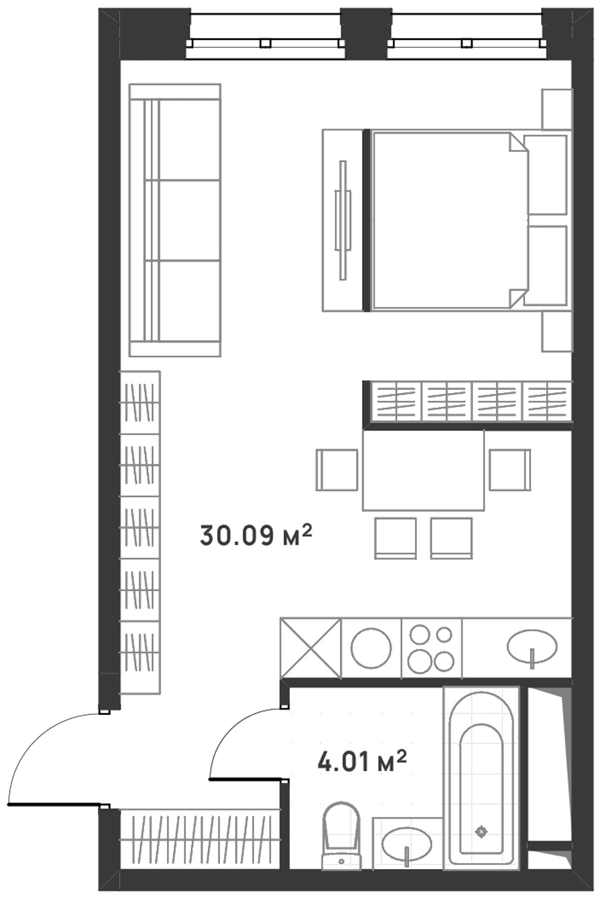 Планировка: Студия 34,1 м² в ЖК «Дюна»